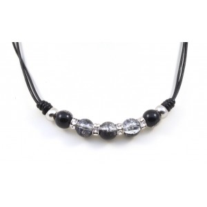Black color leather and crackle glass beads necklace